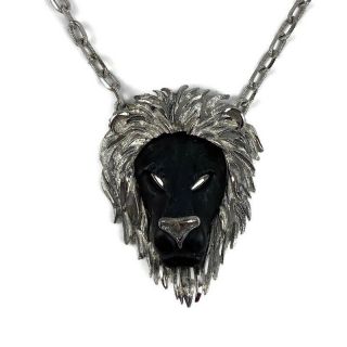 Vtg Unsigned Luca Razza Lion Head Necklace Zodiac Series Leo Silver Black Huge