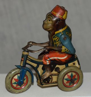 Vintage Arnold Tin Windup Monkey Riding Tricycle - Made In Germany -