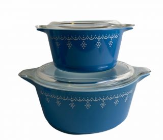Vintage Pyrex Blue Snowflake Garland Princess Casseroles W/lids - 475,  473