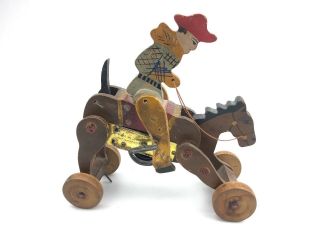 Antique Made In Japan Wind Up Bucking Horse Cowboy Wood Toy Hand Painted Vintage