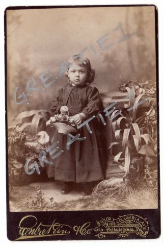 Cabinet Card Sweet Little Girl Basket Victorian Dress Schemm Family Phila.  Pa