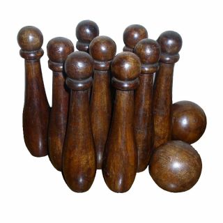 Wooden 9 Pin Bowling Set Rustic Colonial Era Nine Pins Wood Game Primitive Decor