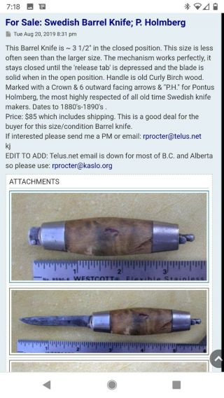 P.  Holmberg,  Estilstuna,  Sweden,  Scarce Swedish Barrel Knife
