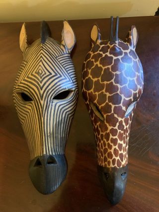 Giraffe Zebra Head Mask Hand Carved Wood Painted African Tribal Home Wall Art
