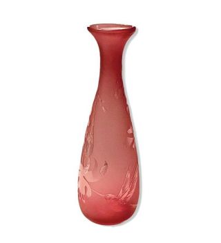 Vintage Kelsey Pilgrim Cranberry Art Glass Cameo Hummingbird Vase Signed