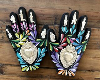 Set (2) Painted Wood Hands With Milagro Charms,  Sacred Heart,  Black