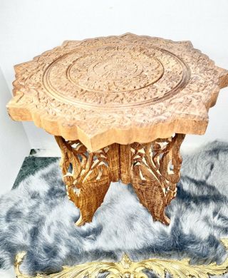 Vintage Carved Wood Table W/ Folding Base India Small Ornate Fish Floral Detail