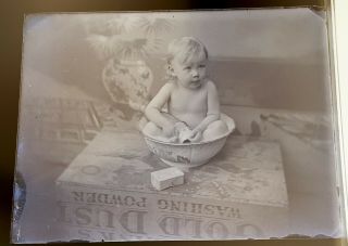 Antique Glass Plate Negative 4x5.  Marie In A Wash Bowl Washing Her Doll.