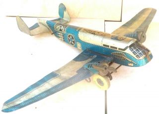 Vintage Marx Tin Lithographed Toy Bomber Airplane 2 Engine,  Wind Up Not