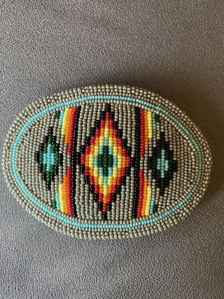 Vintage Native American Indian Navajo Beaded Belt Buckle.  Grey,  Turquoise,  Orange.