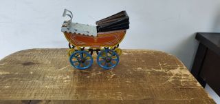 Antique German Fischer Meier Penny Toy Baby Pram Carriage Tin Litho Toy