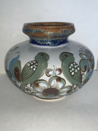 Vintage Ken Edwards Mexico Tonala Pottery Squat Vase Birds Buttflies Brown Drip