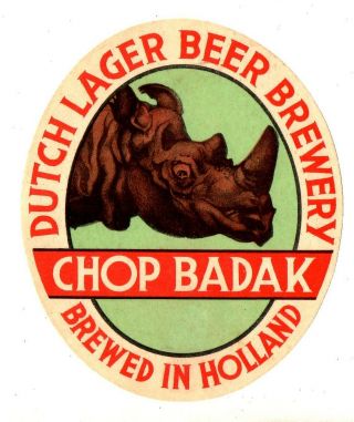 1920s Phoenix Brewery,  Amersfoort,  Holland Chop Badak Rhinoceros Beer Label