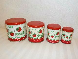 Vintage 8 Piece Childs Wolverine Tin Metal Canister Set W/strawberries
