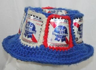 Vtg Pabst Blue Ribbon Beer Can Hat Cap Bucket Knit Woven Handmade 1970s Party