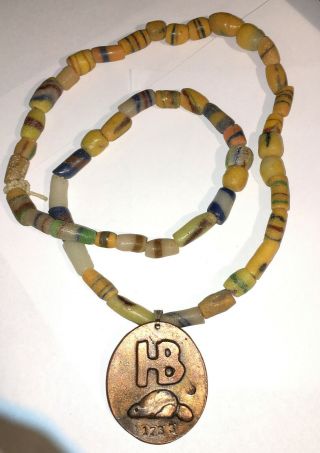 1733 Hudson Bay Fort Albany Fur Trade Trinket Medal On Glass Trade Bead Necklace