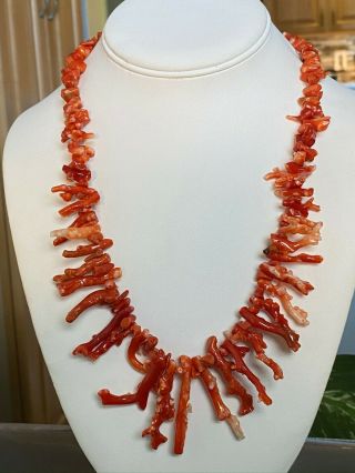 Exceptional Vintage Natural Red Coral Branch Graduated Barrel Clasp Necklace 20”