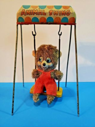 Vintage Tin Wind - Up Toy Animal Swing with Furry Bear Japan 50 - 60s 2