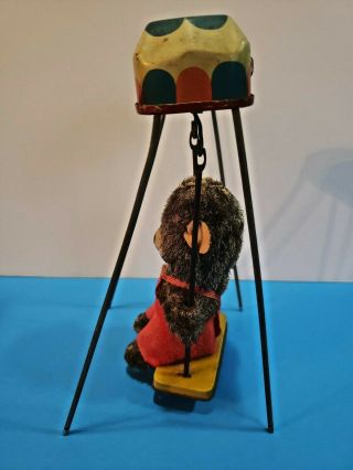 Vintage Tin Wind - Up Toy Animal Swing with Furry Bear Japan 50 - 60s 3