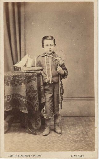 Cdv Of A Young Boy With A Toy Sailboat And A Fishing Net