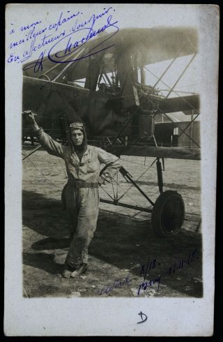 Real Photo (postcard) Pilot World War I,  France 1918,  Signed.  With Biplane.