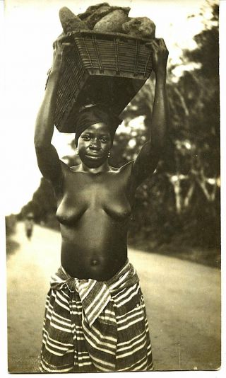 Africa Semi Nude Woman Carrying Bread On Her Head Vintage C.  1940