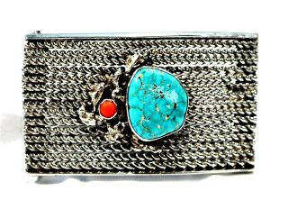 Vintage Navajo Heavy Sterling Silver Belt Buckle W/ Turquoise & Coral