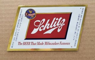 1950 Schlitz Beer Label 12oz From The Jos.  Schlitz Brewery In Milwaukee,  Wi