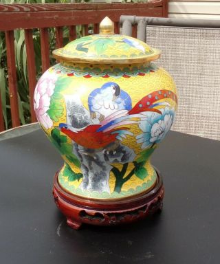 Vintage Chinese Cloisonné Lidded Jar On Carved Wood Stand Very Fine.