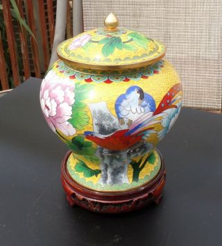 Vintage Chinese Cloisonné Lidded Jar on Carved Wood Stand Very Fine. 2