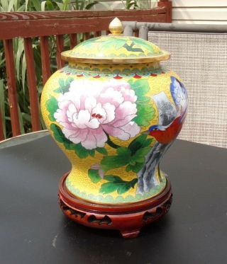 Vintage Chinese Cloisonné Lidded Jar on Carved Wood Stand Very Fine. 3