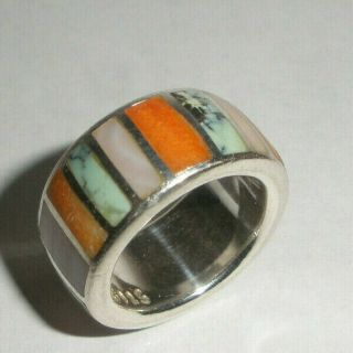 Vintage Navajo Sterling Silver Inlay Turquoise Coral Ring Band Size 5 Signed Pc