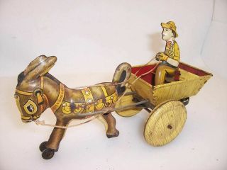 Marx Tin Toy Wind Up Donkey & Cart With Driver