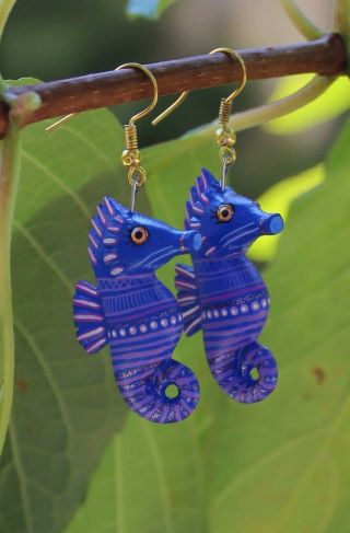 Alebrije Seahorse Earrings Detailed By Ana Xuana Handmade Oaxaca Mexico Folk Art