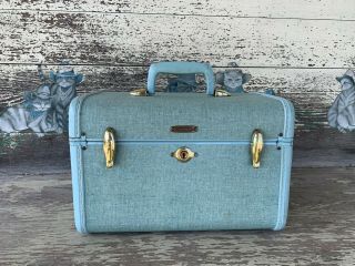 Vintage Mid Century Samsonite Blue Train Case Luggage Hard Case