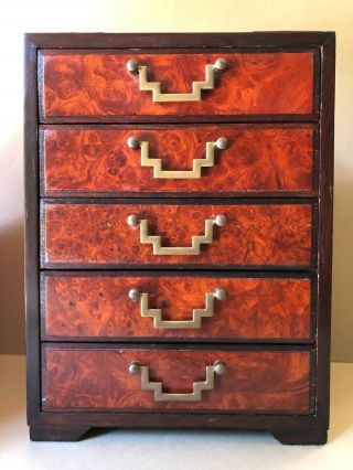Vtg CHINESE STAINED WOOD And BRASS Hardware FIVE DRAWER JEWELRY BOX CHEST Lined 2