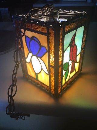 Vtg Heavy Hanging Stained Glass Lamp Flowers Birds