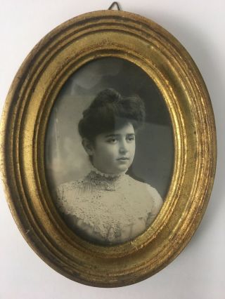 Vintage Photograph Black And White Victorian Female Portrait Oval Gilt Frame