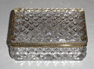 Vintage Diamond Cut Lead Crystal Ormolu Hinged Jewelry Casket Dresser Box