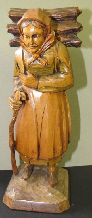 Vintage Anri Italian Painted Wood Carved Figurine Elderly Woman W/ Firewood 8 "