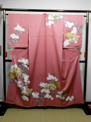 Japanese Kimono " Houmongi " Silk,  Gold Leaf,  Pink.  Chrysanthemum,  L 62 ".  1175