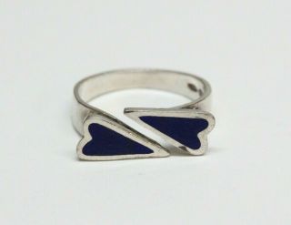 Vintage Sterling Silver And Blue Enamel Double Heart Bypass Ring