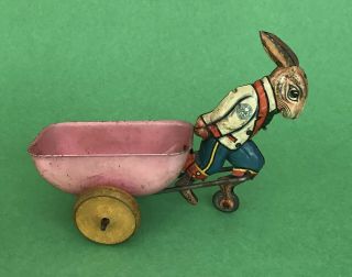 Vintage Marx Tin Litho Toy Easter Bunny Rabbit Pulling Cart With Wood Wheels