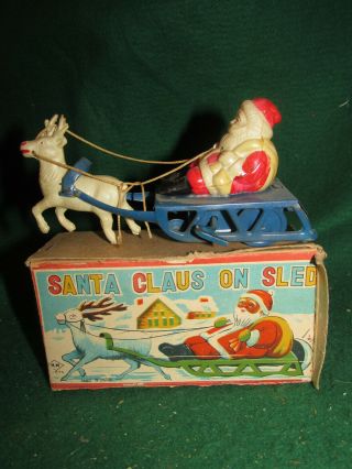 Vintage Tin & Celluloid Windup - " Santa & Sled " W/box - Unusual Size - 1950 