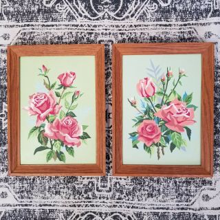 Vintage Framed Roses Paint By Number Art Pictures Set Of 2