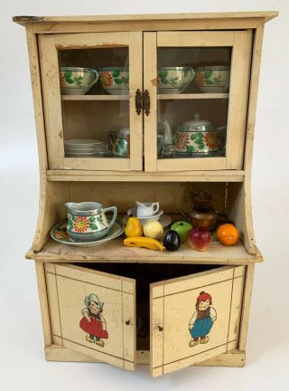 Antique Child’s Hoosier Kitchen Stepback Cabinet W/ Miniature Dishes & Supplies