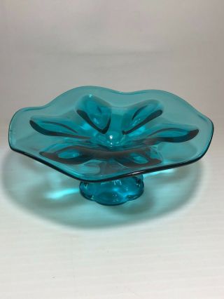 Vintage Turquoise Aqua Teal Blue Footed Candy / Cookie Dish Classy Glass