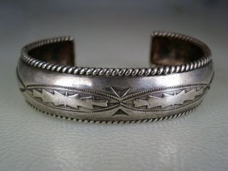 Great Old Navajo Stamped Sterling Silver Bracelet W/ Ropework Border