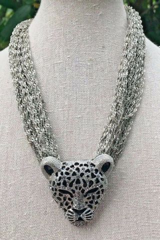 Vtg Silver Tone Multi Strand Necklace With Pave Crystal Panther Pendant Unsigned