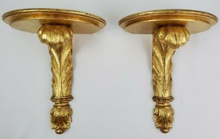 Vintage Italian Florentine Gold Gilt Feather Sconces Wall Shelves Neo - Classic 2